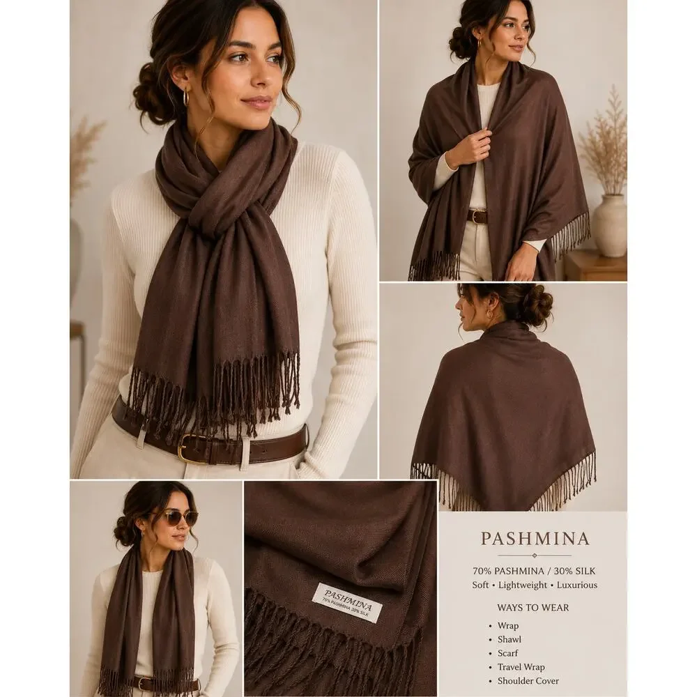 70% Pashmina 30% Silk Brown Fringe Scarf Soft Wrap Shawl Neutral Luxury Scarf